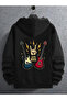 Let's Rock Guitar Printed Zippered Hooded Unisex Fleece-Lined Plain Sweatshirt Cardigan - Black