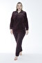Women's Plus Size Cotton Zippered Velvet Tracksuit Set / Claret Red - - B 2280