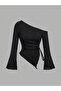 Modonna Collar Rope Tied Asymmetric Cut F Corded Fabric Black Blouse Crop Top - 4
