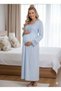 Women's Blue Design Lace Detailed Stylish Long Sleeve Maternity Nightgown - 4