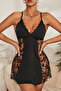 Women's Black Cross Back Low-Cut Transparent Lace Nightgown - 2