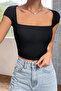 Women's Black Square Collar Half Sleeve Chest Low-Cut Crop Top Blouse