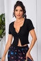 Women's Black Double Zipper Half Sleeve Crop Top Blouse - 4