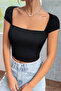Women's Black Square Collar Half Sleeve Chest Low-Cut Crop Top Blouse - 5