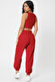 Women's Red Camisole Pocketed Jogger Sweatpants and Crop Top Blouse - 2