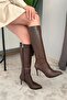 Women's Santa Brown Below-The-Knee Thin Heeled Zippered Boots - 2