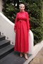 Fuchsia Belted Sleeves Elasticated Corded Fabric Dress - 3