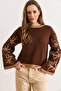 Women's Bitter Brown Spanish Sleeve Patterned Knitwear Sweater Kzk-19000827 - 3
