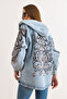 Women's Light Blue Hooded Oversize Denim Jacket with Pockets and Sequins on Back and Sleeves CKT-19000504 - 5