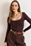 Women's Brown Pool Collar Lace Detailed Buttoned Cardigan Blouse Blz-19003191