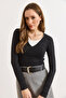 Women's Anthracite Gathered Neck Paneled Wool Viscose Blouse Blz-19003189 - 5