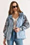 Women's Light Blue Hooded Oversize Denim Jacket with Pockets and Sequins on Back and Sleeves CKT-19000504 - 2