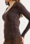 Women's Brown Side Gathered Collar Paneled Wool Viscose Blouse Blz-19003189 - 6