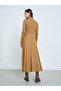 Beige High Neck Long Sleeve A-Line Midi Dress - 6
