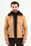 Faux Leather Slim Fit Men's Coat with Fur Inside, Side Pocket and Zipper Beige - 39652.25K - 4