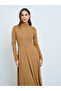 Beige High Neck Long Sleeve A-Line Midi Dress - 3