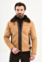 Faux Leather Slim Fit Men's Coat with Fur Inside, Side Pocket and Zipper Beige - 39652.25K