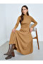 Beige High Neck Long Sleeve A-Line Midi Dress