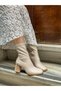 Beige Skin Stretch (Memmy) Blunt Toe Women's Heeled Boots