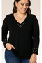 Plus Size Collar and Sleeve Tip Pearl Embroidered V-Neck Long Sleeve Wide Hem Blouse Black