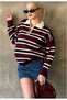 Burgundy Striped Polo Neck Buttoned Women's Knitwear Sweater - 4