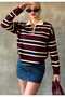 Burgundy Striped Polo Neck Buttoned Women's Knitwear Sweater - 8
