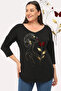 Plus Size Gold Women's Printed Wide V-Neck Half Sleeve Oval Slit Blouse Black