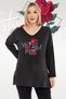 Plus Size Stay Inspired Printed V-Neck Long Sleeve Slit Wrinkled Viscose Fabric Blouse Black