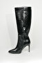 Women's Pointed Thin 9 cm Heeled Fur Lined Boots Side Zipper Boots Shiny Black - 3