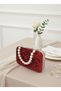 Burgundy Silver Pearl Detailed Luxury Wavy Velvet Women's Evening Dress Bag - 4