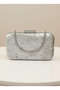 Beige Silver Detailed Luxury Wavy Velvet Women's Evening Dress Bag - 5