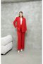 Women's Satin Detailed Red Jacket and Pants Suit