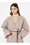 Thick Cardigan with Leather Belt Detail - Stone Color - - 3