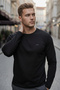 Slim Fit Crew Neck 50% Cotton Long Sleeve Stretch Fabric Black T-Shirt - 4