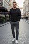 Slim Fit Crew Neck 50% Cotton Long Sleeve Stretch Fabric Black T-Shirt - 2