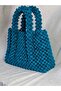 Women's Petrol Blue Velvet Covered Beaded Tote Handbag (Handmade) - 2