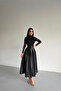 Turtleneck Belted Skirt Leather Laced Black Dress