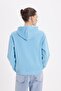 Women's relax fit comfortable cut cotton Hooded blue sweatshirt with kangaroo pocket - 7