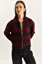 Women's Black Claret Red Diamond Patterned Collared Zippered Knitwear Cardigan 20251099 - 5