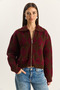 Women's Brown Claret Red Diamond Patterned Collared Zippered Knitwear Cardigan 20251099 - 2
