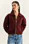 Women's Brown Claret Red Diamond Patterned Collared Zippered Knitwear Cardigan 20251099 - 3