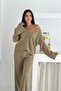 Women's Standard Size V-Neck Buttoned Knitwear Bottom-Top Set