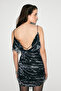 Suave Women's Degaje Collar Flexible Tulle Fabric Gathered Sides Black Patterned Dress with Back Chain Detail - 7