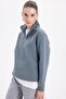Women's Relax Fit Comfortable Cut Cotton Fleece Lined Half Zipper Gray Stand Collar Sweatshirt - 5