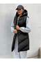 Women's Black Long Hooded Side Zipper Slit Puffer Vest - 2