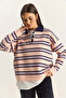 Women's Pink Polo Collar Striped Basic Knitwear Sweater 20258061 - 3