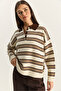 Women's Cream Brown Polo Collar Striped Basic Knitwear Sweater 20258061 - 5