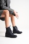 Women's Genuine Leather Lace-Up and Zipper Boots - Navy Blue
