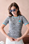 Women's Crew Neck Short Sleeve Stone Embroidered Knitwear Sweater 12040 - 3
