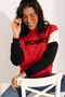Women's Color Block Slogan Printed Sweatshirt – Red - 2